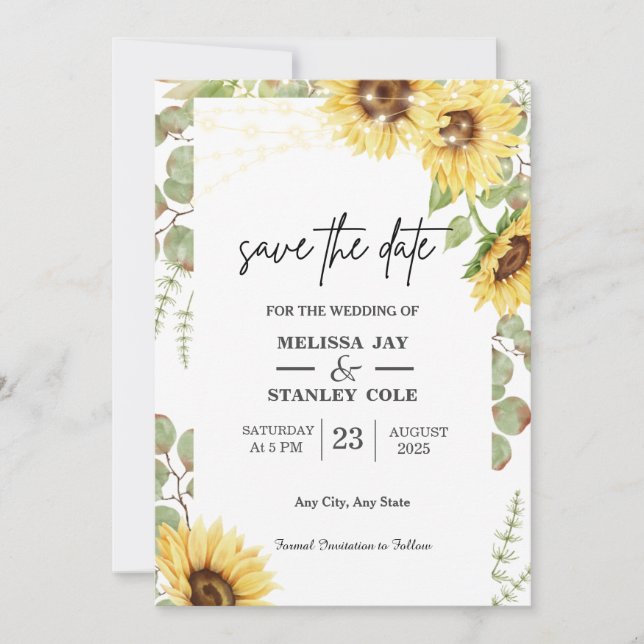 Save The Date Sunflower Eucalyptus String Mariage (Devant)