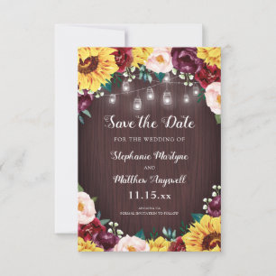 Save The Date Sunflower Mason Jar Lights Floral Mariage en bois