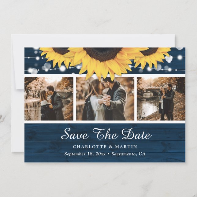 Save The Date Sunflower Navy Bleu Rustique Bois Mariage Photo (Devant)