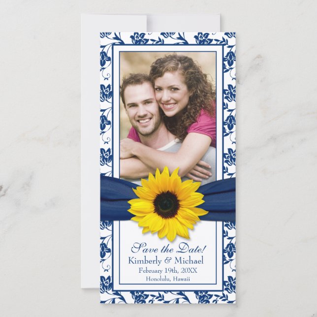 Save The Date Sunflower Navy Blue Floral Mariage damassé (Devant)