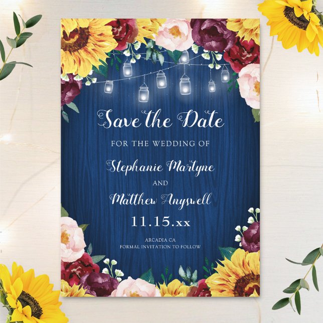 Save The Date Sunflower Navy Blue Mason Jar Lumières Mariage (Créateur téléchargé)