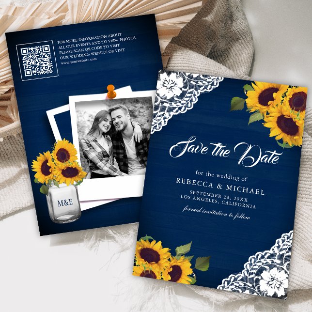 Save The Date Sunflower Navy Blue Photo QR Code Mariage (Créateur téléchargé)