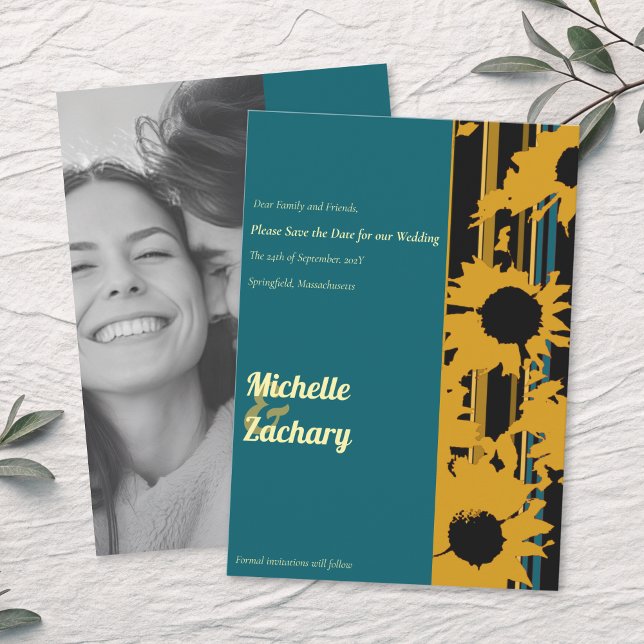 Save The Date Sunflower Teal Blue Gold Wedding Photo (Créateur téléchargé)