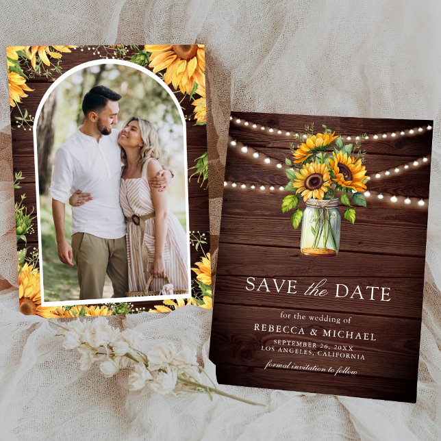 Save The Date Sunflowers Grange Bois Mason Jar Photo Mariage (Créateur téléchargé)