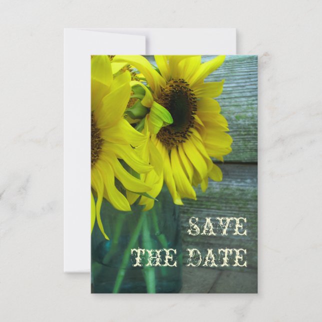 Save The Date Sunflowers Mason Jar Barnwood Automne Enregistrer  (Devant)