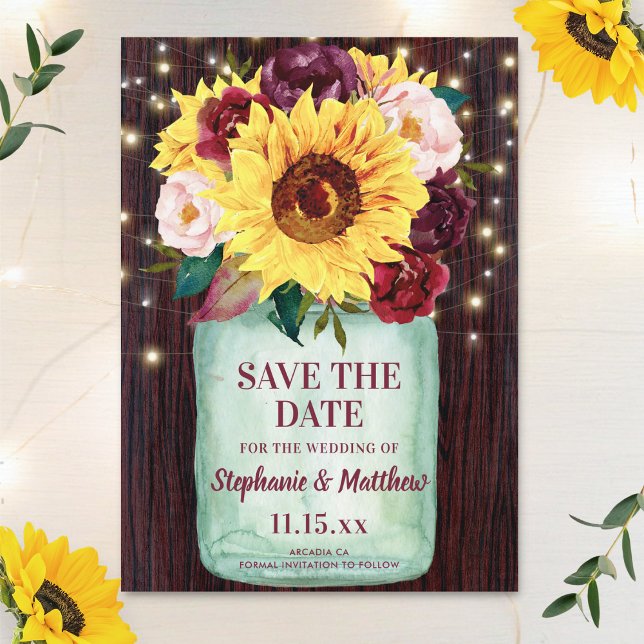 Save The Date Sunflowers Mason Jar Lumières en bois Mariage (Créateur téléchargé)