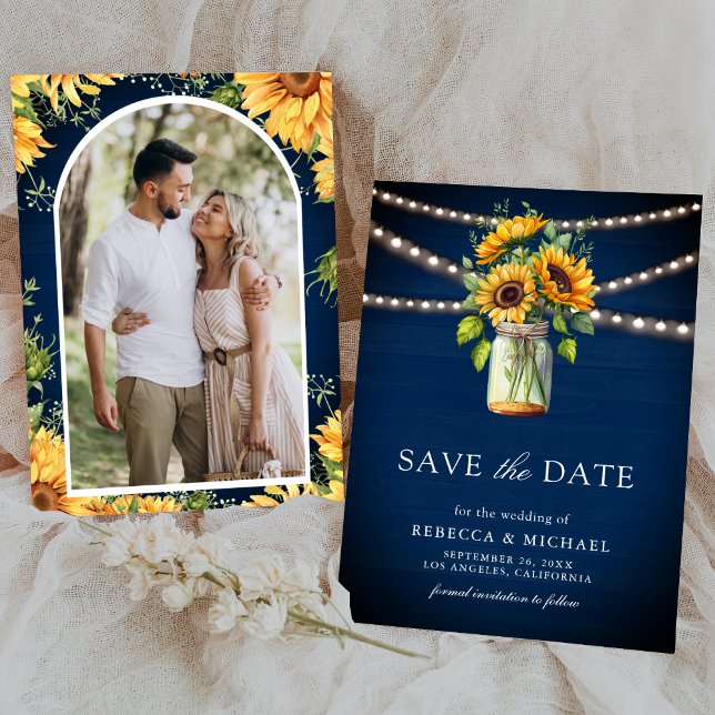 Save The Date Sunflowers Navy Blue Mason Jar Photo Mariage (Créateur téléchargé)