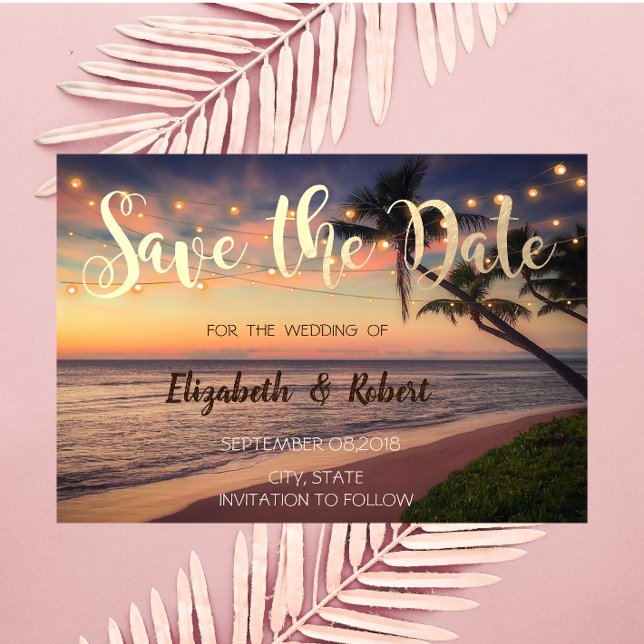 Save The Date Sunset Beach Wedding, Palmiers, Lumières Enregistr (Créateur téléchargé)