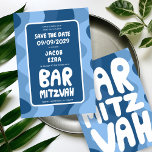 Save The Date Super Blue Waves Custom Bat Bar Bnai Mitzvah<br><div class="desc">Carte idéale pour annoncer un bar, un bat mitzvah ou une autre fête juive et demander aux invités de sauvegarder la date! L'art fait main pour vous avec le lettrage sur le devant et le dos! (consultez le magasin ou le DM pour les options BAR/BAT) ENTIÈREMENT PERSONNALISABLE ! Cliquez sur...</div>