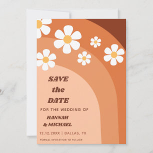 Save The Date Super Retro Terracotta Boho Rainbow Daisy Floral