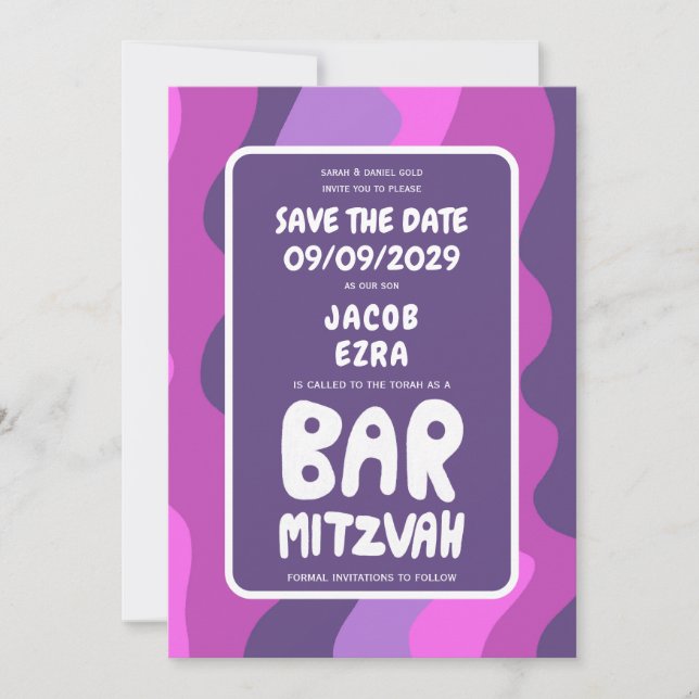 Save The Date Super Violet Waves Custom Bat Bar Bnai Mitzvah (Devant)