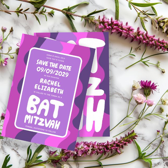 Save The Date Super Violet Waves Custom Bat Bar Bnai Mitzvah (Groovy Purple Waves Custom Bat Bar Bnai Mitzvah Save The Date card)