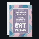 Save The Date Super Violet Waves Custom Bat Bar Bnai Mitzvah<br><div class="desc">Carte idéale pour annoncer un bar, un bat mitzvah ou une autre fête juive et demander aux invités de sauvegarder la date! L'art fait main pour vous avec le lettrage sur le devant et le dos! (consultez le magasin ou le DM pour les options BAR/BAT) ENTIÈREMENT PERSONNALISABLE ! Cliquez sur...</div>