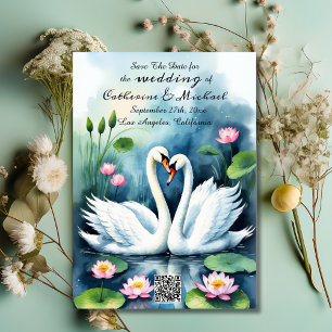 Save The Date Swan In Lotus Pond Code QR Mariage