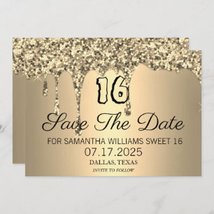 Save The Date Sweet 16 Anniversaire Gold Sparkle Parties scintil