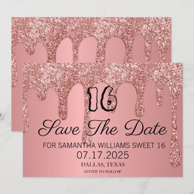 Save The Date Sweet 16 Anniversaire rose Parties scintillant gou (Devant / Derrière)