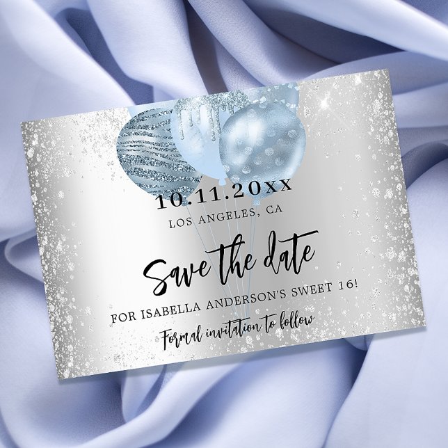 Save The Date Sweet 16 ballons bleu argent scintille script (Créateur téléchargé)