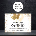 Save The Date Sweet 16 Ballons d'or blanc parties scintillant fê<br><div class="desc">Un arrière - plan blanc chic décoré de parties scintillant et de ballons en faux or. Personnalisez et ajoutez une date et un nom/âge. Le texte : Save the Date est écrit avec un grand script de style à la main tendance.</div>