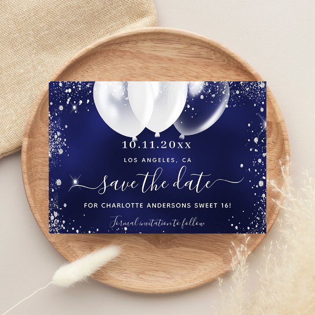 Save The Date Sweet 16 bleu marine ballons blancs scintillent (Créateur téléchargé)