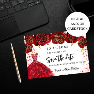 Save The Date Sweet 16 flores de robe or noir glamour