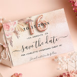 Save The Date Sweet 16 pampas grass rose gold florals<br><div class="desc">A girly and trendy Save the Date card for a Sweet 16, 16th birthday party. A blush pink, rose gold gradient background decorated with blush pink florals and pampas grass. Personalize and add a date and name/age. The text: Save the Date is written with a large trendy hand lettered style...</div>