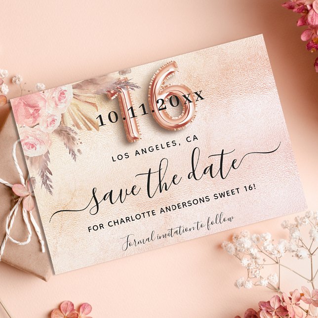 Save The Date Sweet 16 pampas grass rose gold florals (Créateur téléchargé)