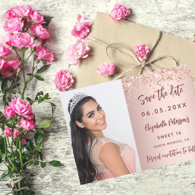 Save The Date Sweet 16 rose en or script photo (Créateur téléchargé)