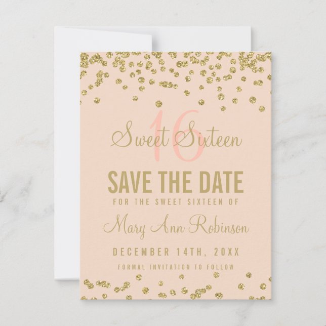 Save The Date Sweet 16 "Save Date" Parties scintillant Or Confet (Devant)