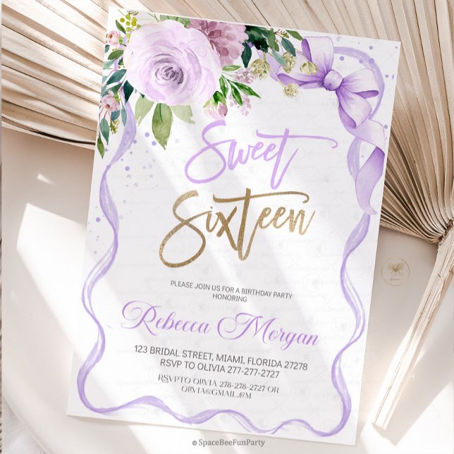 Save The Date Sweet Sixteen 16th birthday (Sweet Sixteen, Invitation Sweet ,16 Invite purple Bow ,Floral Watercolor, 16th Birthday ,Sweet Sixte)