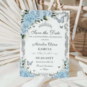 Save The Date Sweet sixteen d'argent bleu ciel Floral QUINCEAÑER