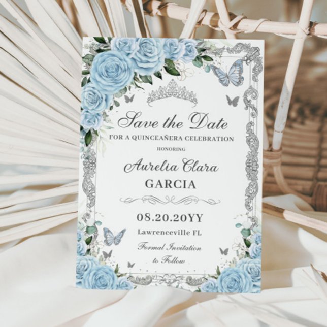 Save The Date Sweet sixteen d'argent bleu ciel Floral QUINCEAÑER (Créateur téléchargé)
