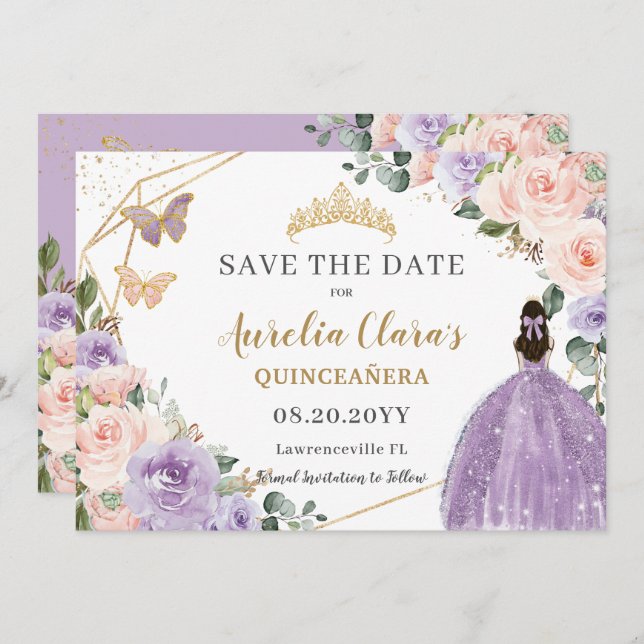 Save The Date Sweet sixteen Lilac Blush Floral Or Quinceanera (Devant / Derrière)