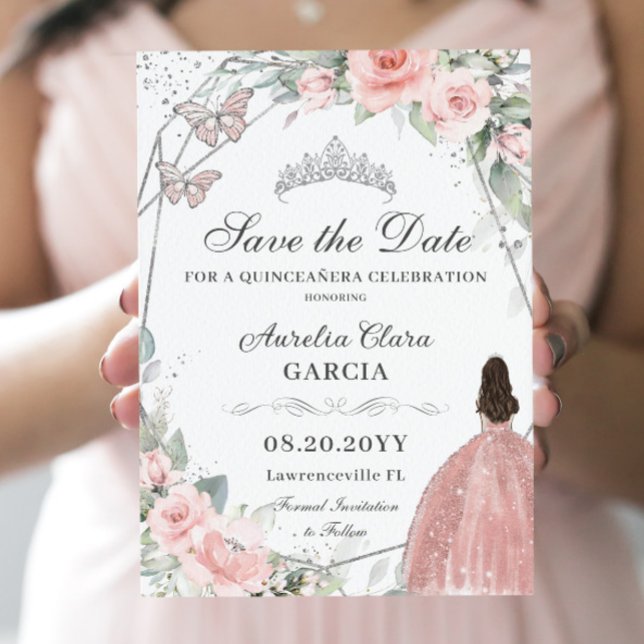 Save The Date Sweet sixteen Quinceanera en argent rose pâle (Créateur téléchargé)