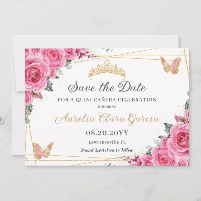 Save The Date Sweet sixteen rose Fuchsia Floral Or Quinceanera (Devant)