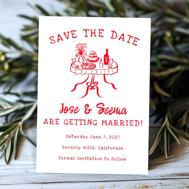 Save The Date Table de dîner buffet dessinée à la main mignonne  (Buffet Dinner Table Hand Drawn Cute Sweet Custom Save The Date
)