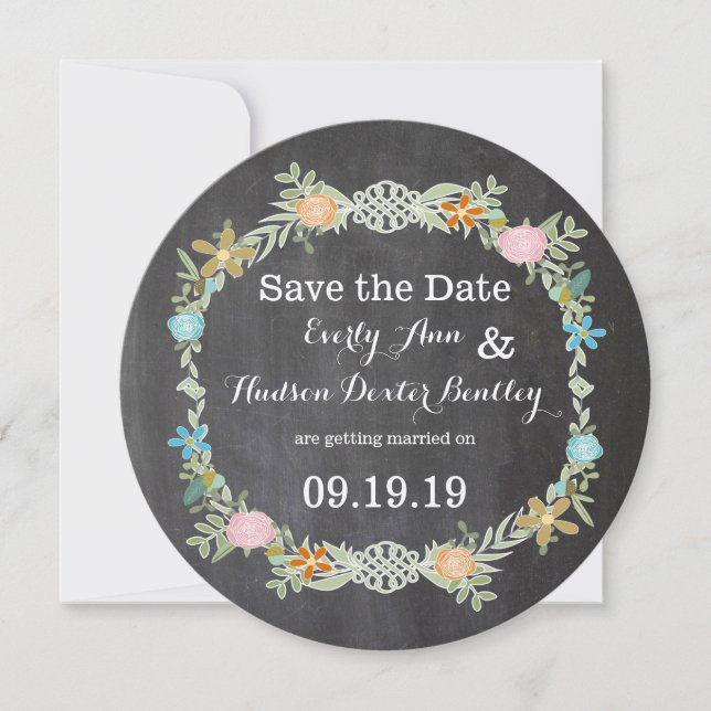 Save The Date Tableau Noir Menthe Rose Aqua Fleurs Guirlande Mar (Devant)