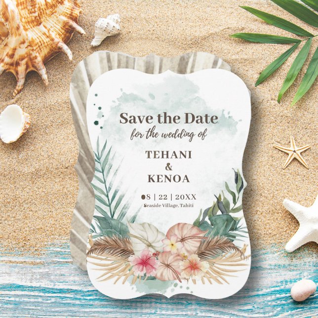 Save The Date Tahiti | Feuilles de palmier et fleurs à l'aquarel (Créateur téléchargé)