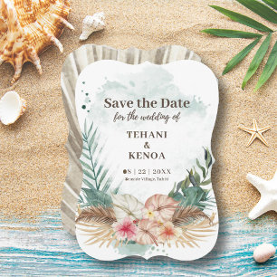 Save The Date Tahiti   Palmiers et fleurs à l'aquarelle tropical
