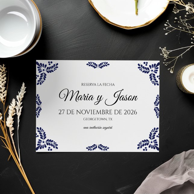 Save The Date Talavera Black Floral Minimalist Spanish Wedding (Talavera Black Floral Minimalist Spanish Wedding Save The Date)
