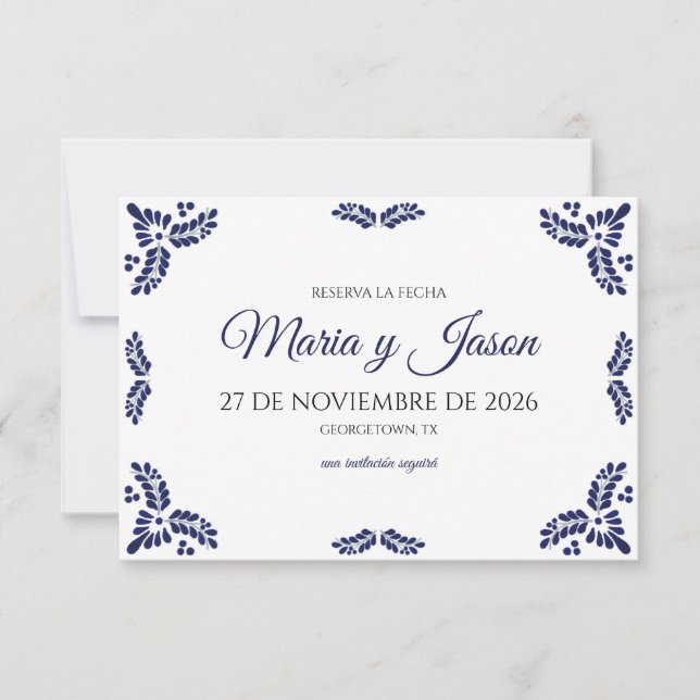 Save The Date Talavera Blue Floral Minimalist Spanish Wedding (Devant)