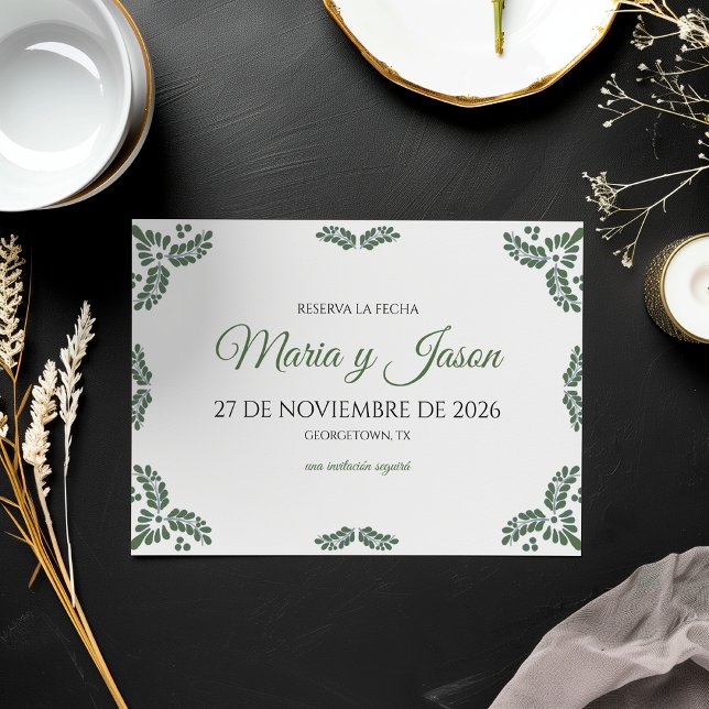 Save The Date Talavera Green Floral Minimalist Spanish Wedding (Talavera Green Floral Minimalist Spanish Wedding Save The Date)