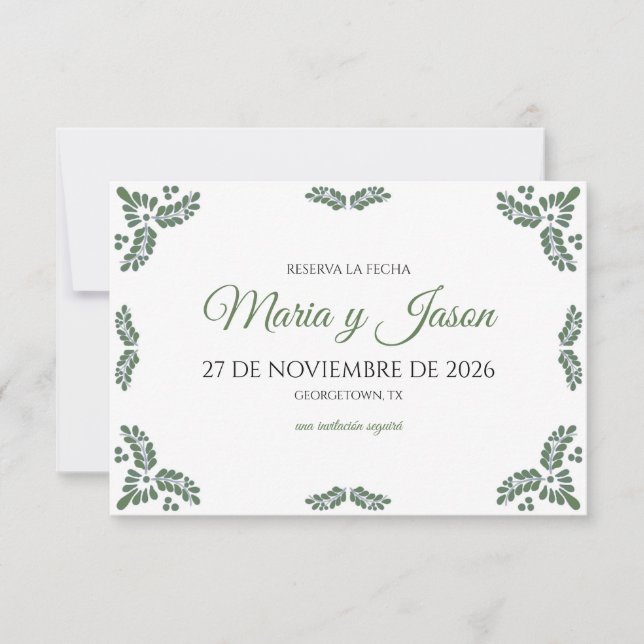 Save The Date Talavera Green Floral Minimalist Spanish Wedding (Devant)