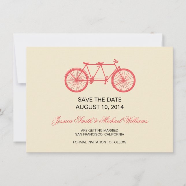 Save The Date Tandem Bicycle Mariage Économisez La Date Rose Ecr (Devant)