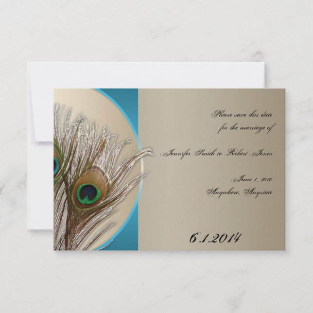 Save The Date Taupe moderne Aqua Peacock Feather Enregistrer la  (Devant)