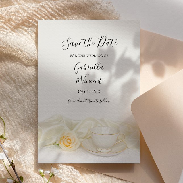 Save The Date Tea Cup White Rose Flower Wedding Enregistrer la d (Créateur téléchargé)