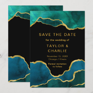 Save The Date Teal Blue et Or Peint Agate Enregistrer la Date