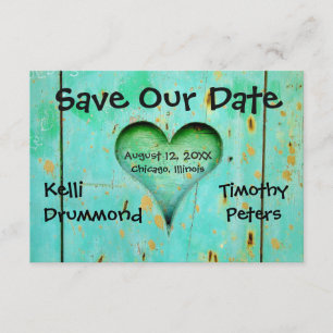 Save The Date Teal Weathered Wood Heart-3x5Wedding Enregistrer l