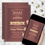 Save The Date Téléchargeable Surprise Birthday Burgundy and Gold<br><div class="desc">Peux-tu garder un secret ? famille d'Invitations et amis à une fête d'anniversaire élégante et passionnante surprise avec le bordeaux et l'or personnalisés enregistrer les invitations de la fête de la date. Toute la formulation de ce modèle est simple à personnaliser, y compris le message qui dit "Shhh! C'est une...</div>