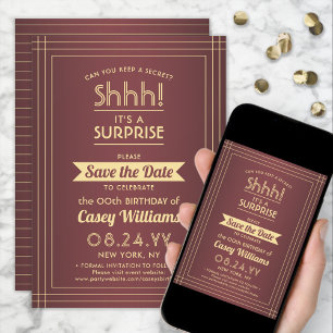 Save The Date Téléchargeable Surprise Birthday Burgundy and Gold