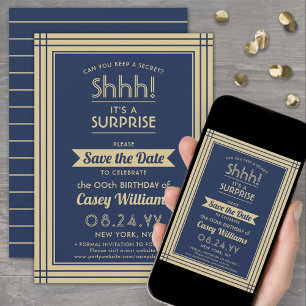Save The Date Téléchargeable Surprise Birthday Navy Blue and Gol